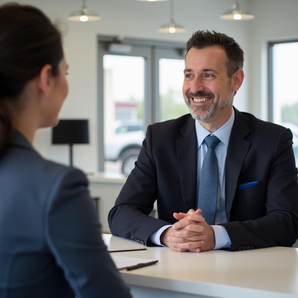 Customer consulting with a friendly advisor at A&C Car Body Repair.