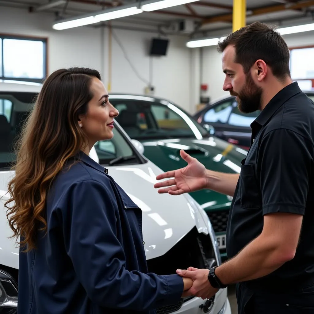 Customer consulting with car body repair expert