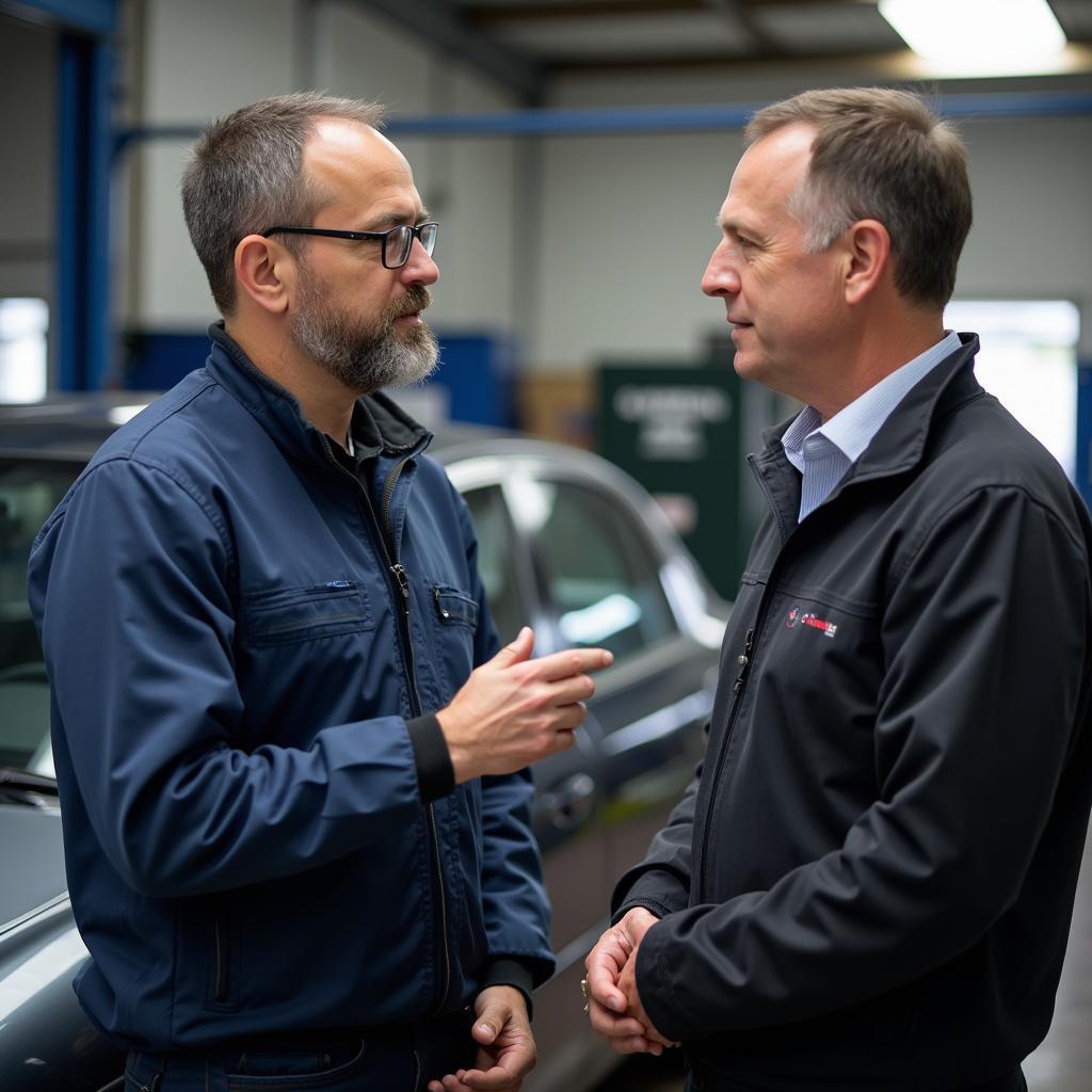 Customer consulting with a mechanic about their car repair in Bursledon