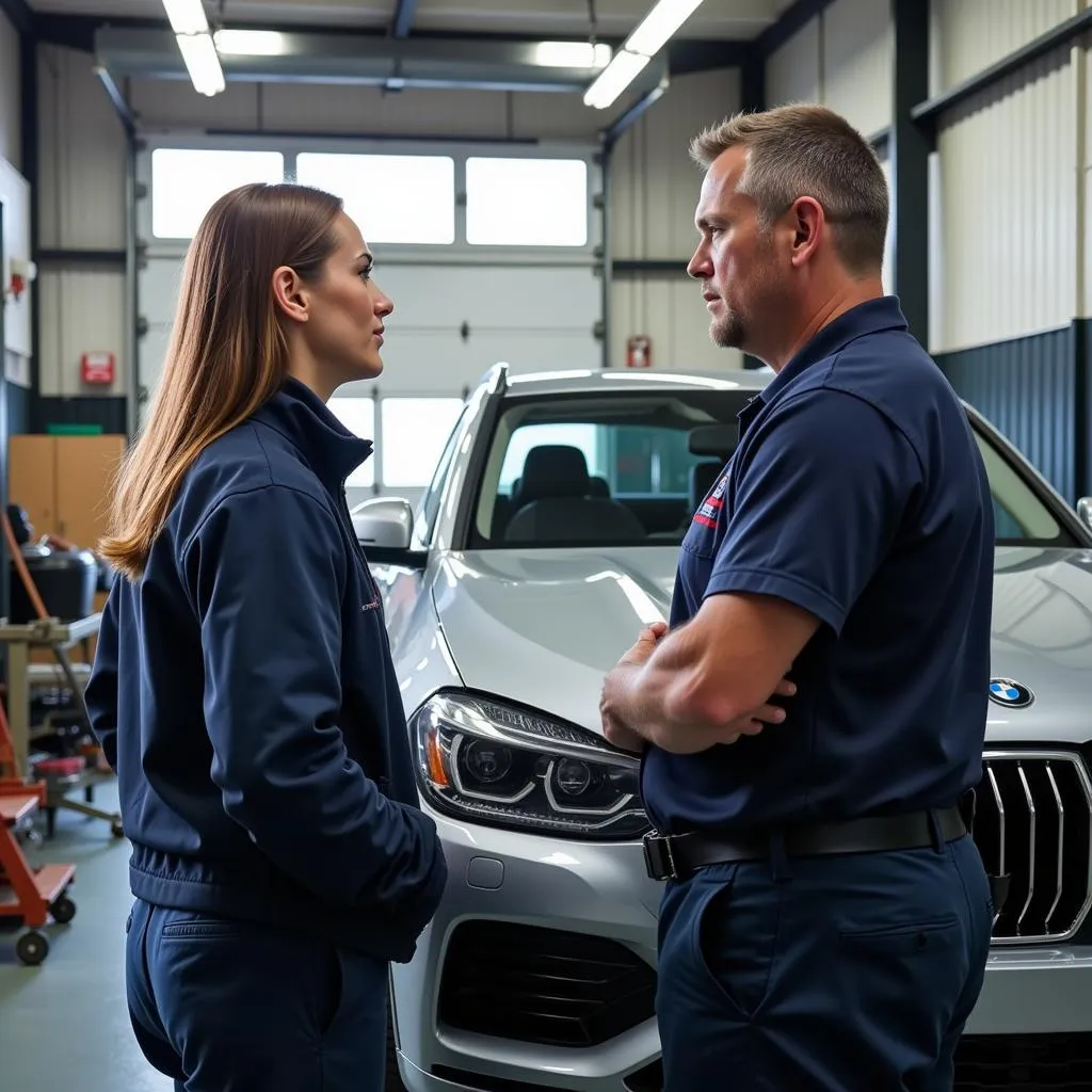 Customer discussing car damage with a technician