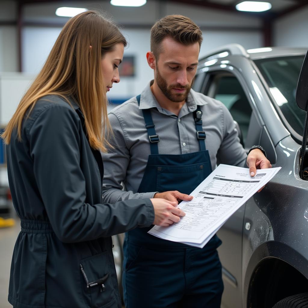 Customer discussing car body repair estimate in Scarborough