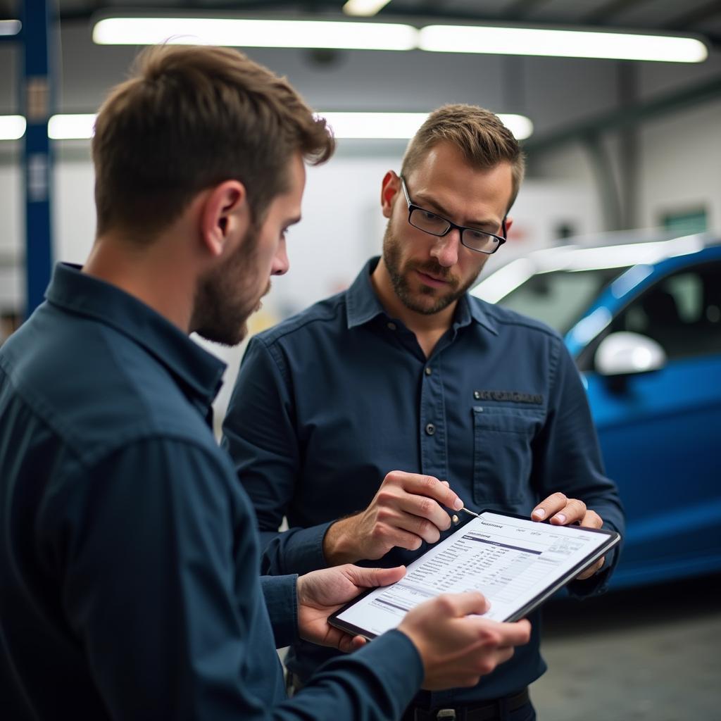 Customer reviewing a car body repair estimate in Goudhurst