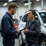 A customer talking to a technician about car damage in NG16 2AZ.