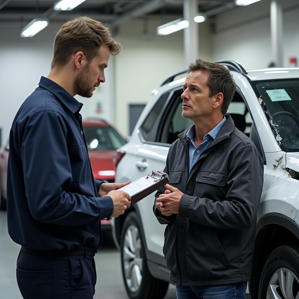 A customer talking to a technician about car damage in NG16 2AZ.