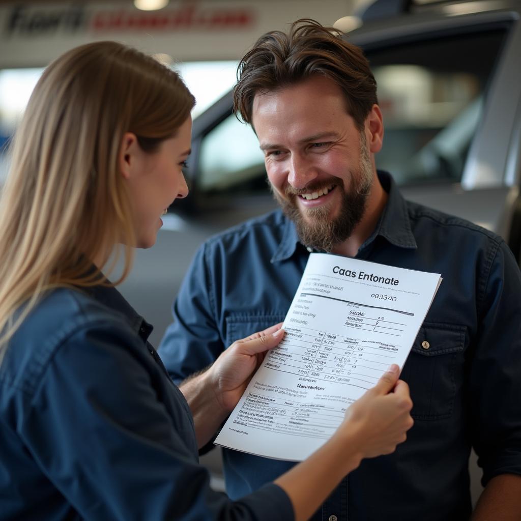 Customer discussing a car repair estimate with a shop representative in Darlaston