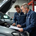 Customer and service advisor discussing car repair estimate