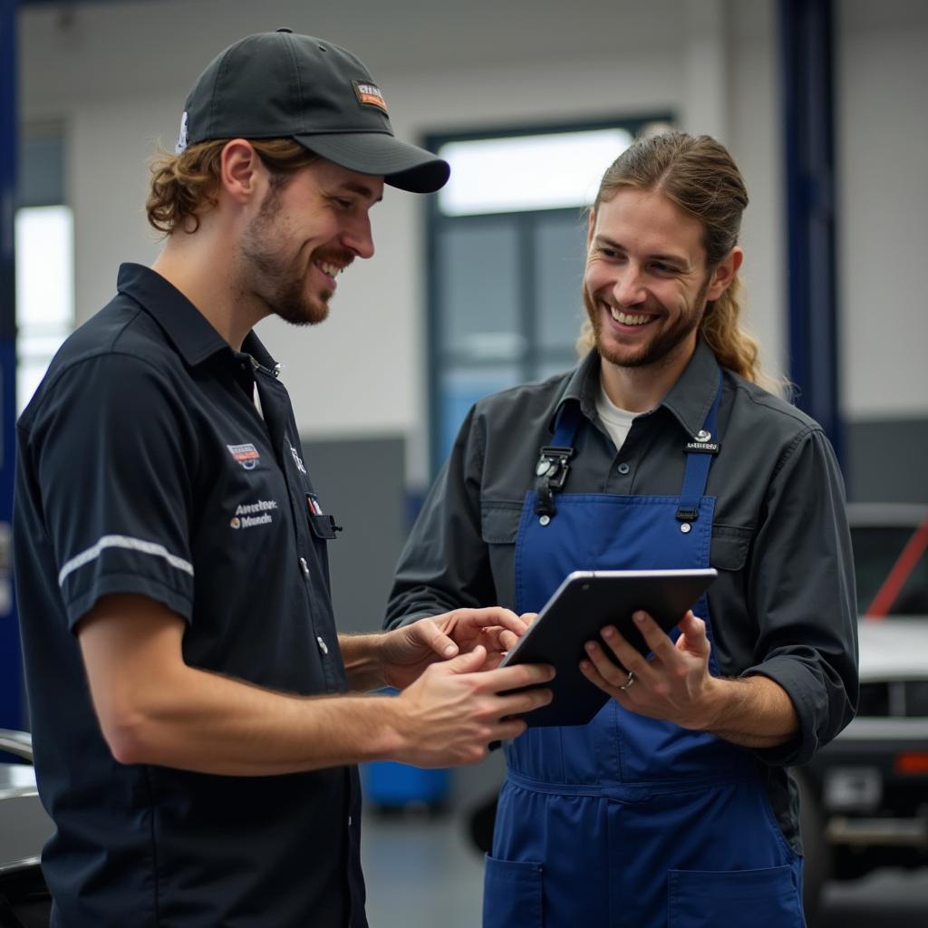 Customer discussing car repair options with a technician in a Portland Road shop