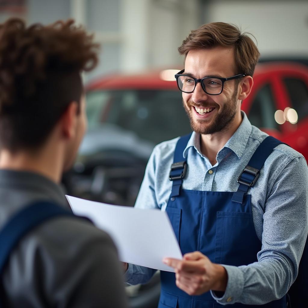 A customer discussing a car repair quote with a service advisor in Kings Lynn