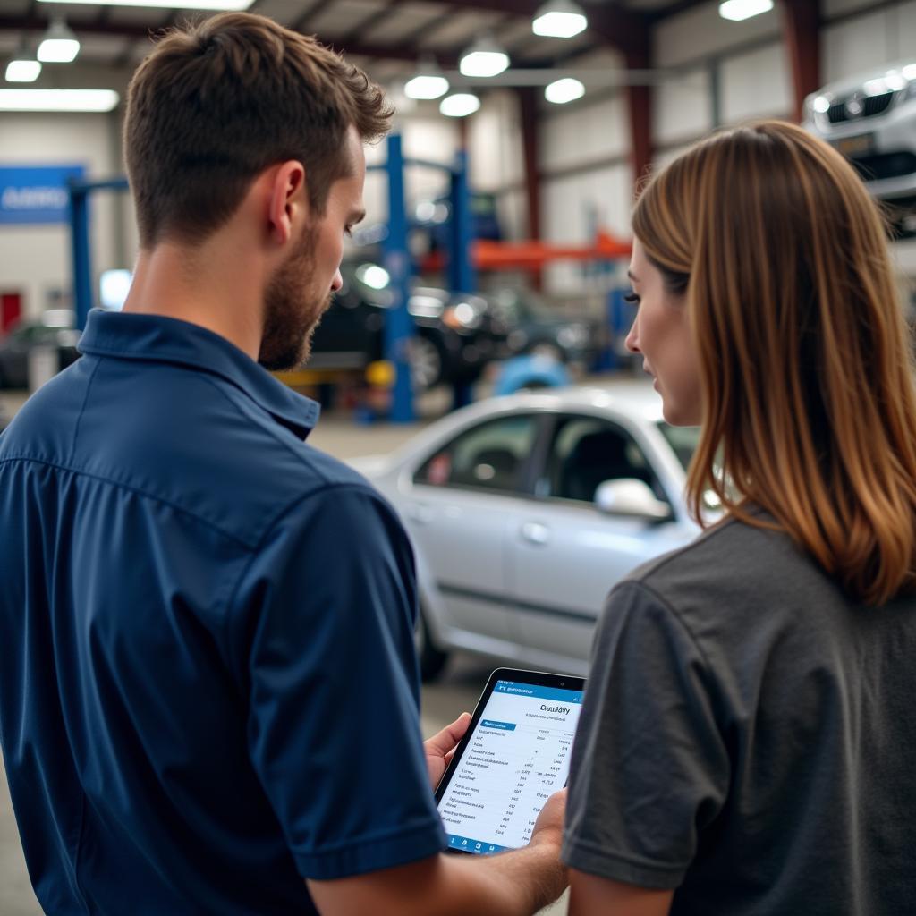 Customer reviewing a digital car repair estimate on a tablet with a service advisor