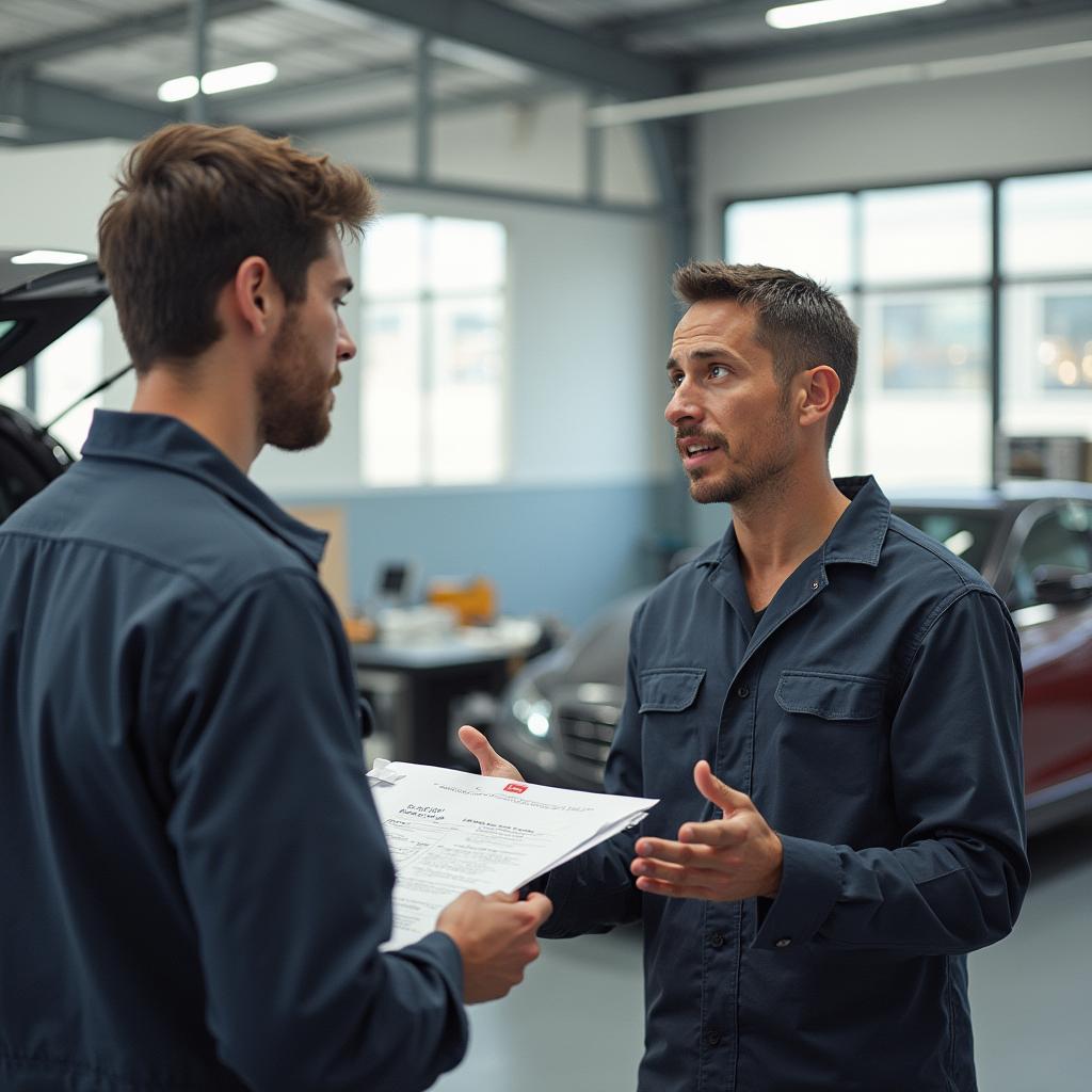 A customer and mechanic discussing car repair details at the shop