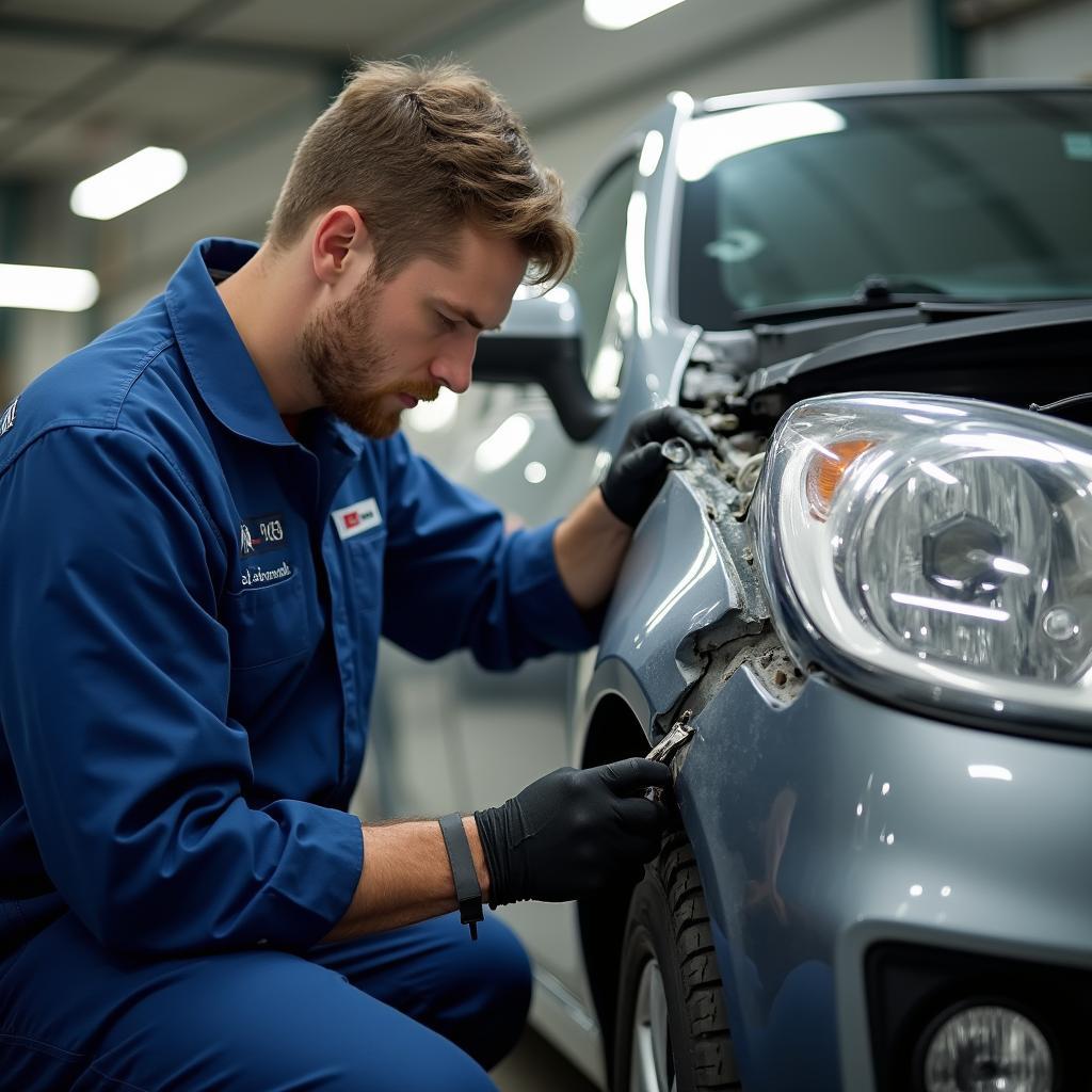  Experienced mechanic inspecting car bodywork damage in Cwmbran garage