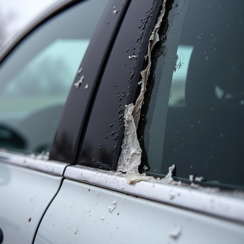 A close-up of a damaged car window trim seal