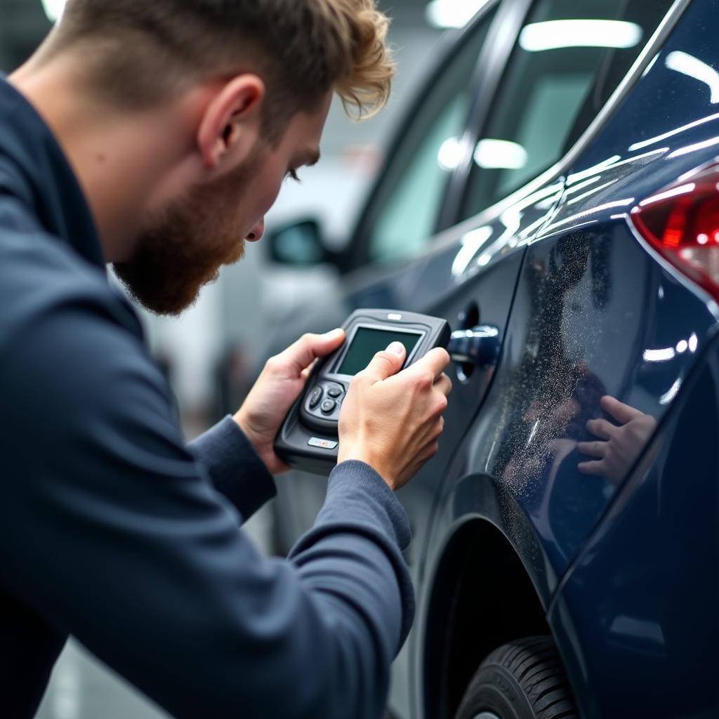 A certified technician inspecting car body damage in Darlington