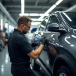 Car undergoing professional bodywork repairs in a Darlington auto shop