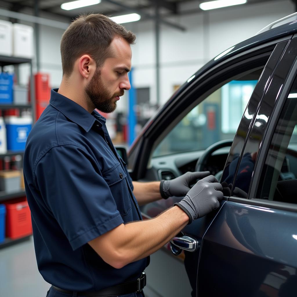 Certified auto glass repair technician working in a Davenport shop