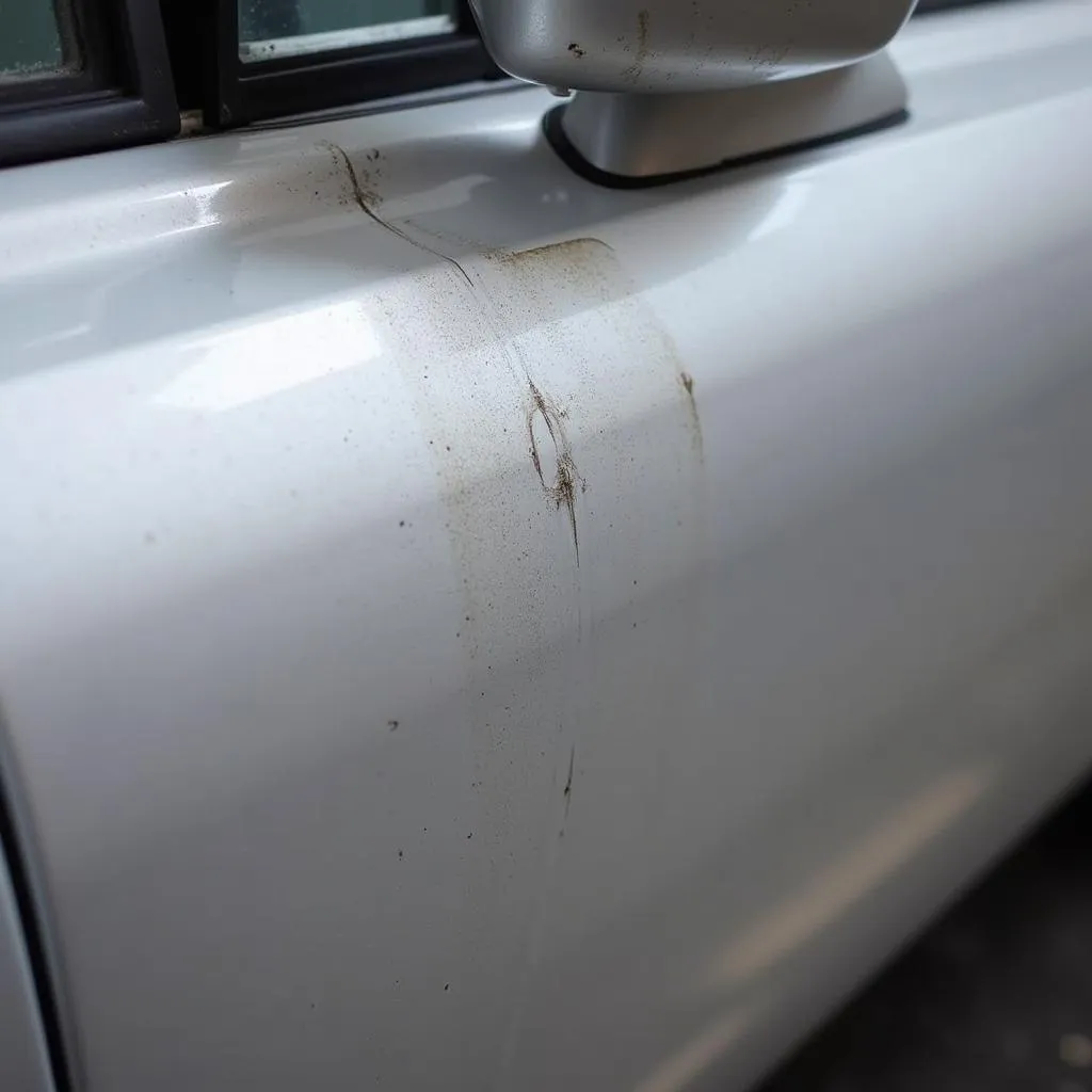 Car with a deep paint scratch exposing metal