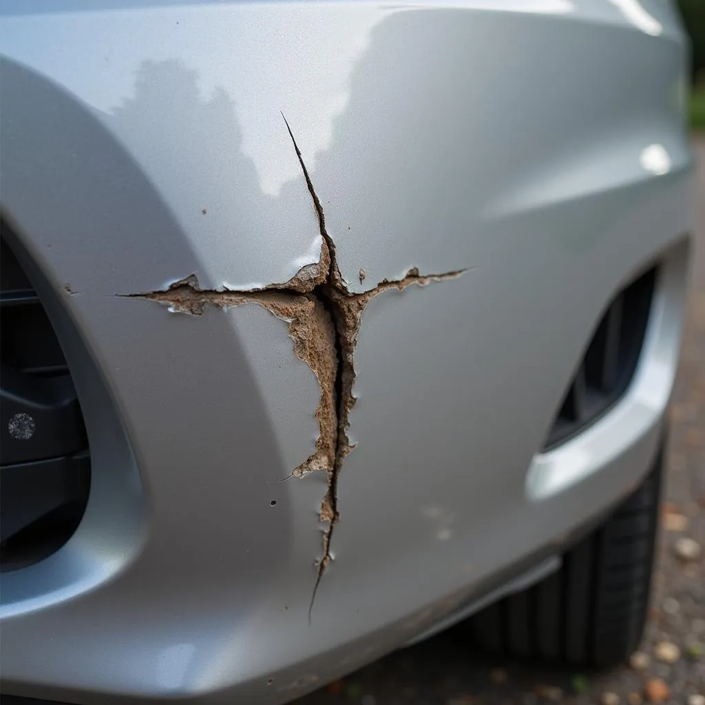 Car bumper with deep scratch