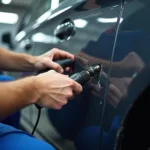 Car dent repair in progress at a Brighton body shop