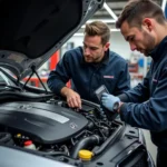 Denver Mercedes mechanic inspecting car engine