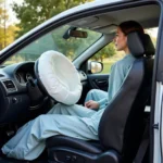 Image of a deployed airbag in a car after an accident