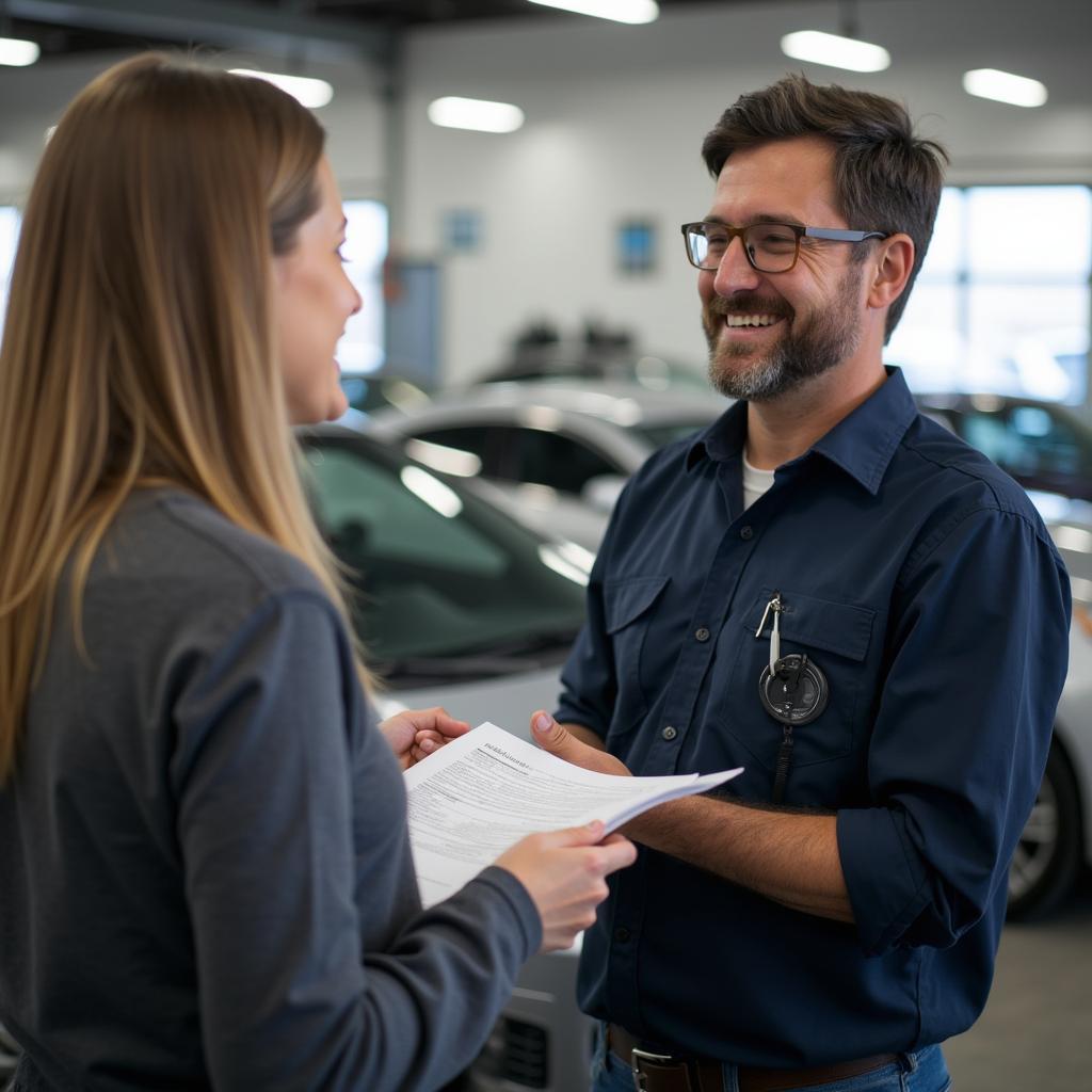 Customer consulting with a car repair specialist in Des Moines