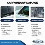 Various car window damage types and repair costs