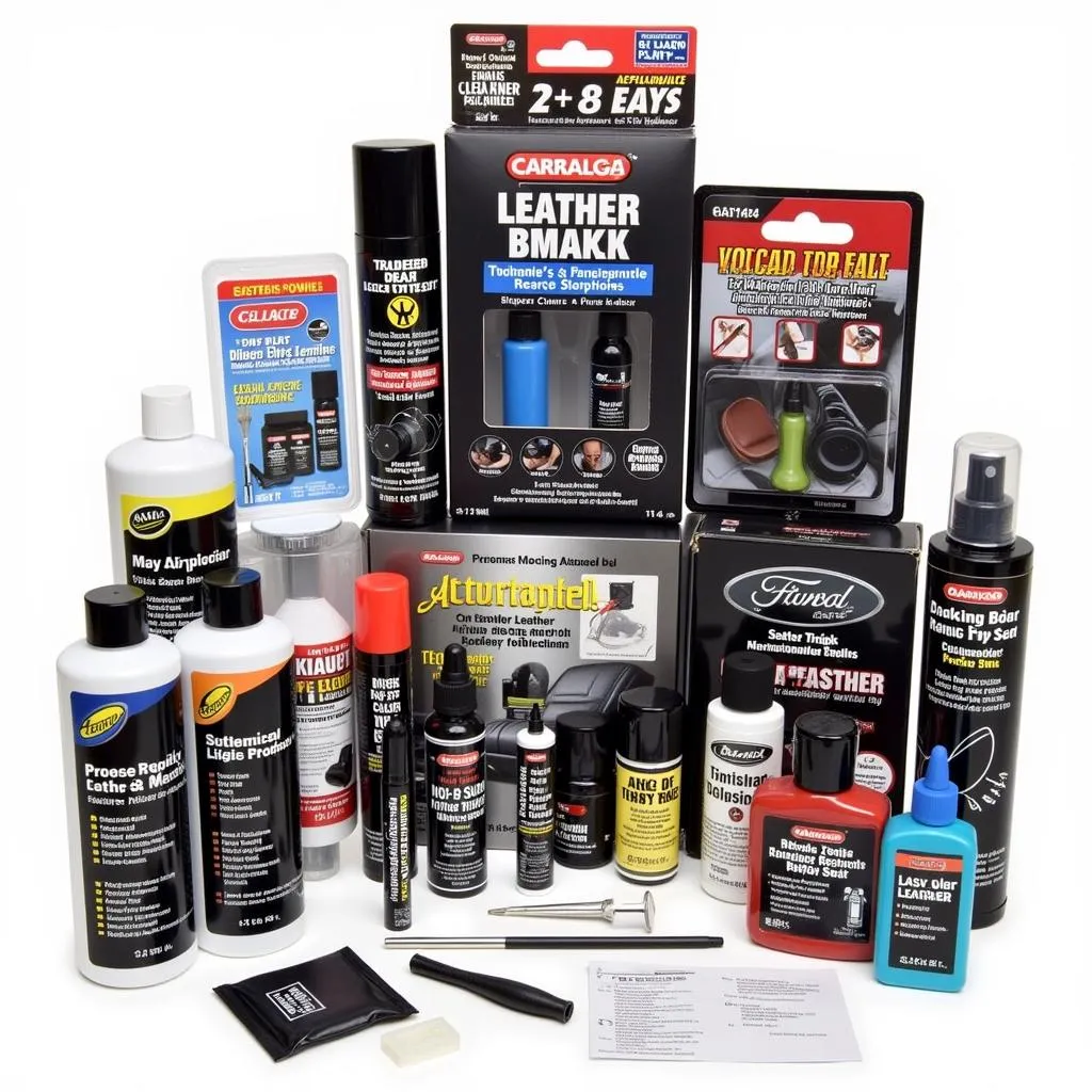 An assortment of black leather repair kits for car seats.