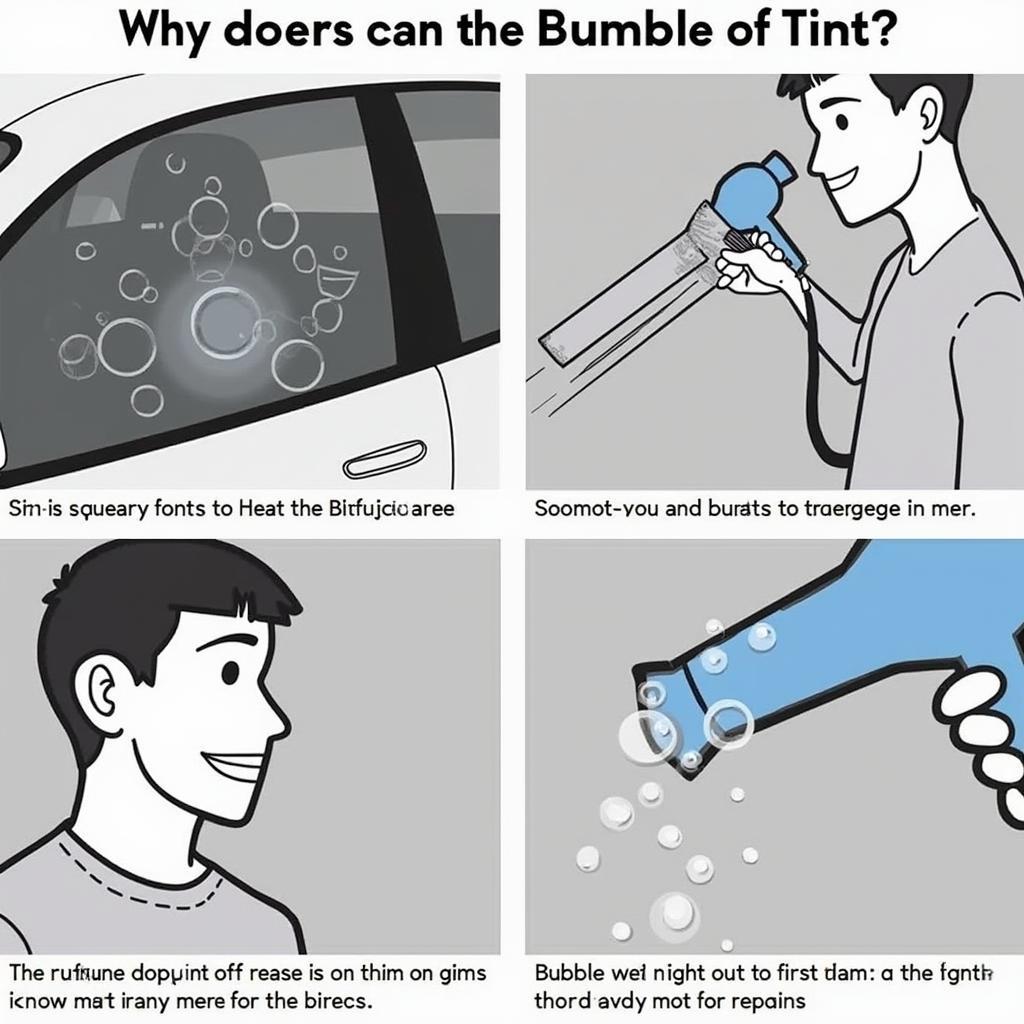 A person uses a hairdryer and a squeegee to remove bubbles from car window tint.