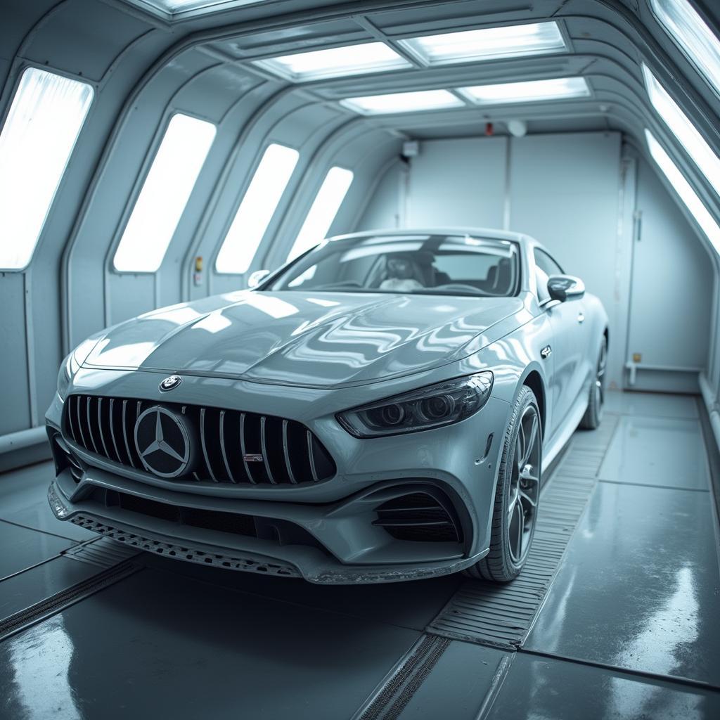 a car undergoing professional paintwork inside a doncaster bodyshop's paint booth