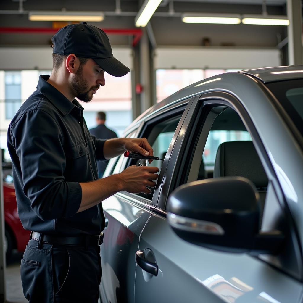 Car window repair in a Downtown Los Angeles auto shop