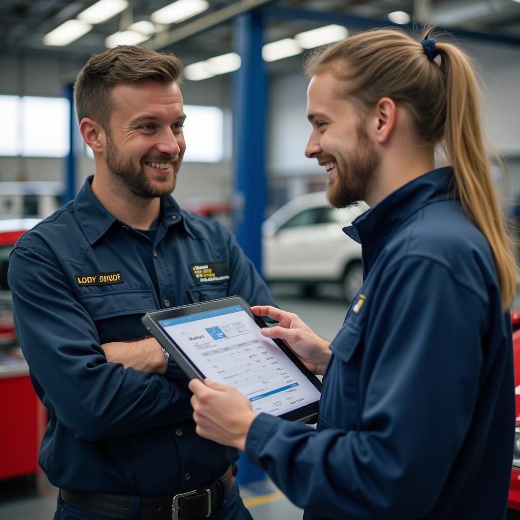 Mechanic discussing car body repair quote with a customer