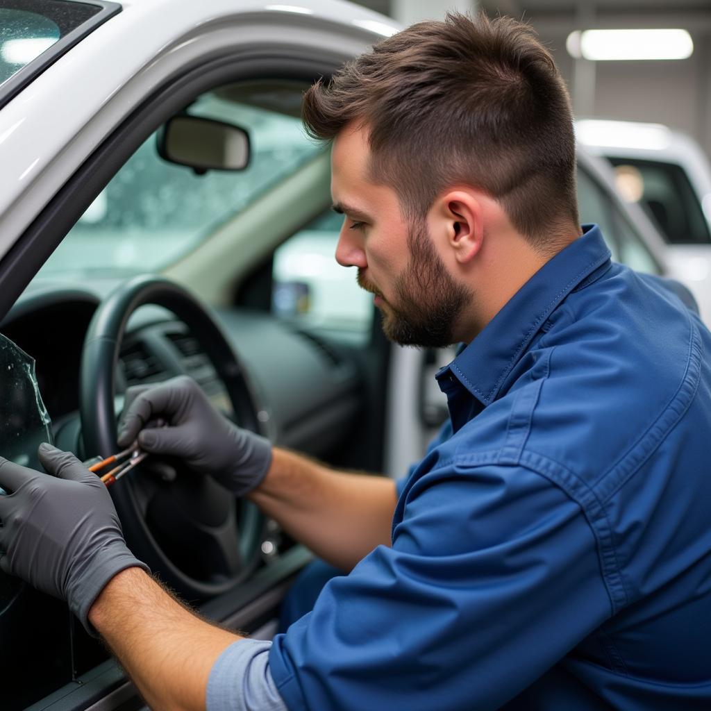 Auto glass repair technician assessing damage in Edmond