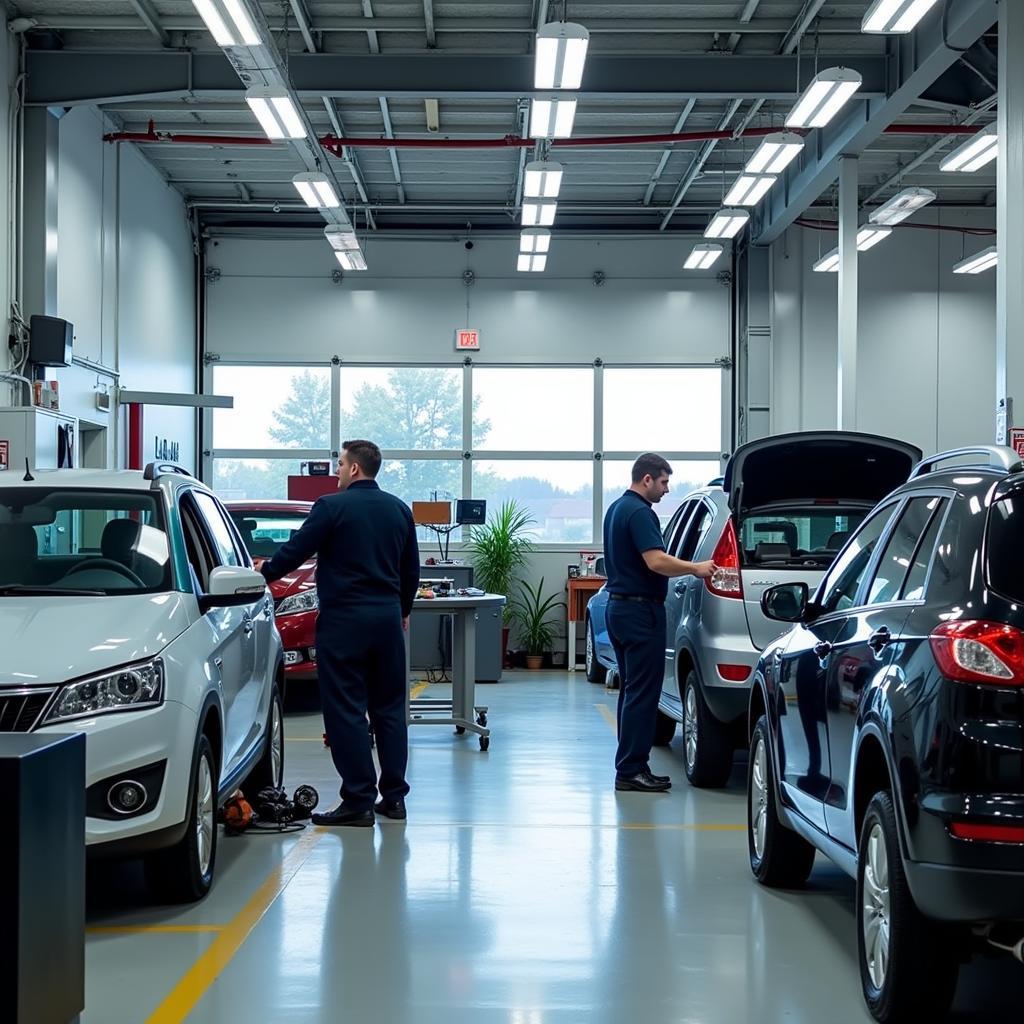 Interior of a modern car body repair shop in Edmonton