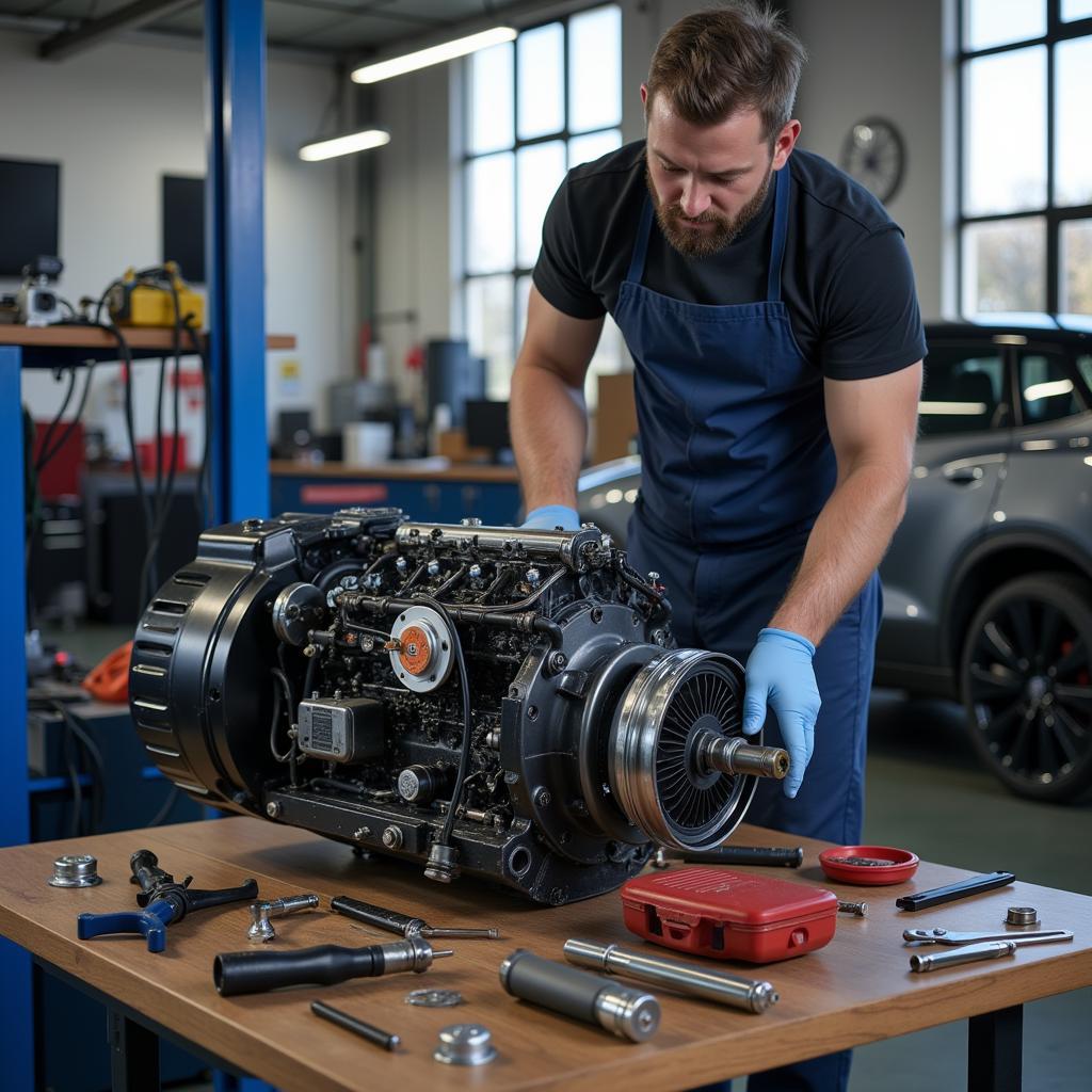 Electric car motor being repaired in a UK garage