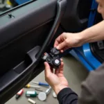 Mechanic Repairing Electric Car Window in a Shop