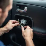 Car window being repaired in a Long Island auto shop