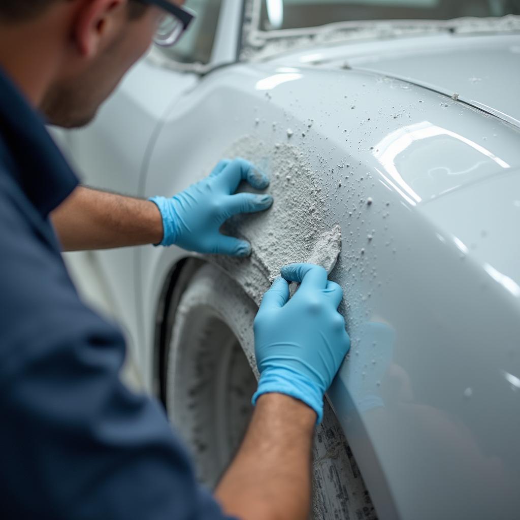 Applying epoxy to a car's metal surface