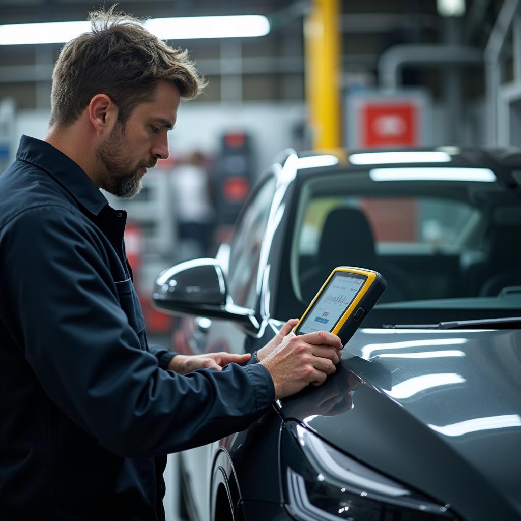 Technician using advanced diagnostic tools on an electric car