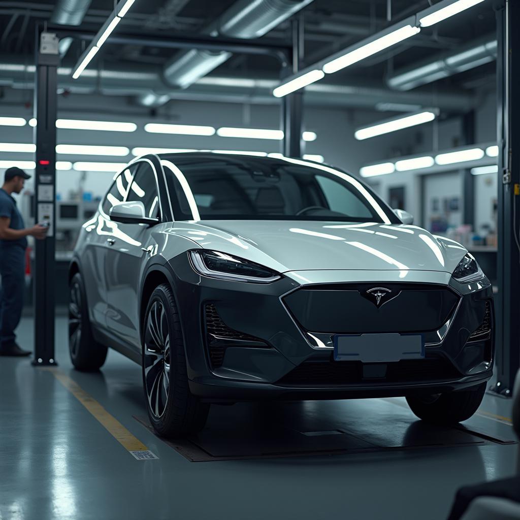 Electric car being serviced in a modern repair shop