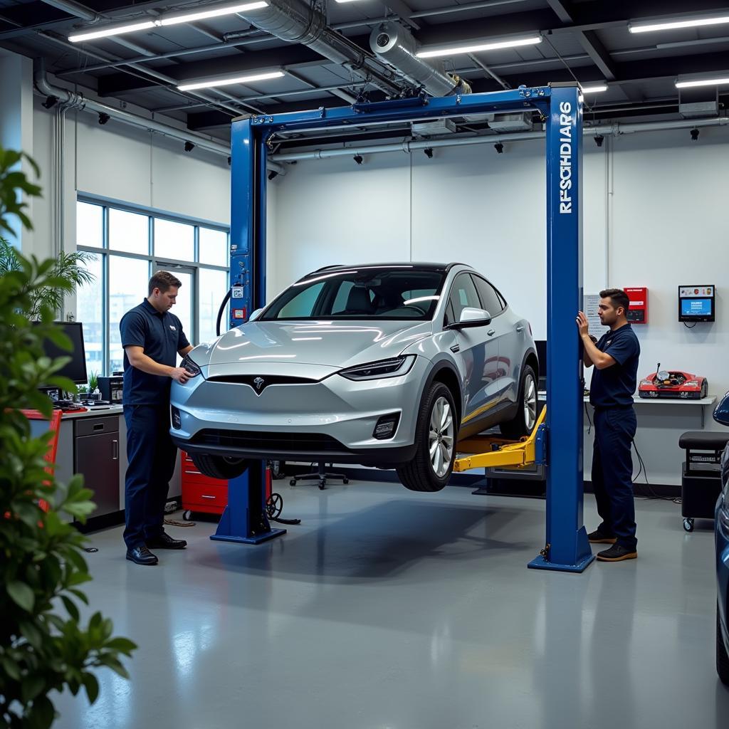 Electric car being repaired in a modern shop