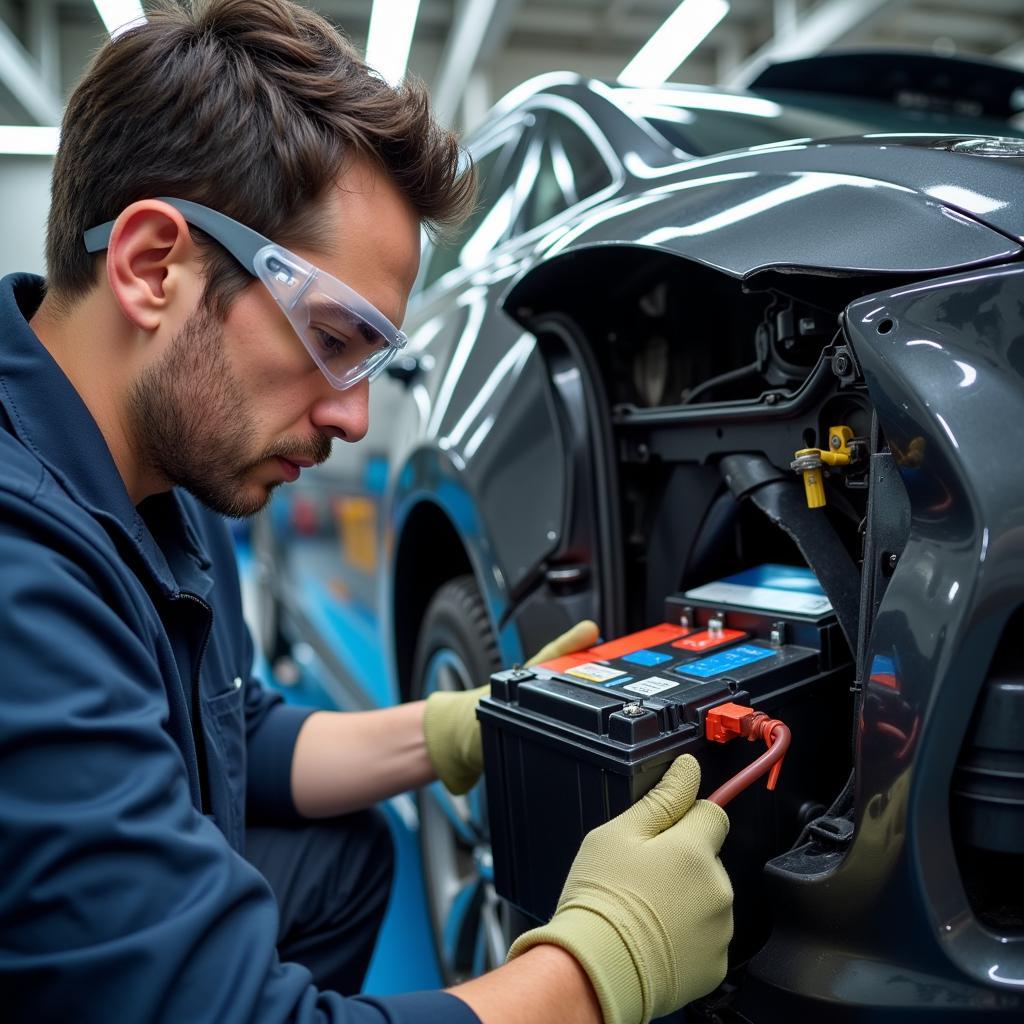 EV Technician Checking High-Voltage Battery