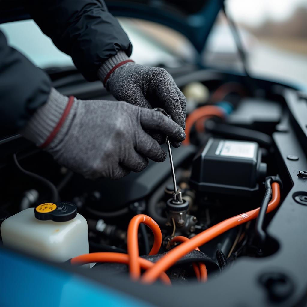 A certified EV technician working on an electric car's high-voltage system.