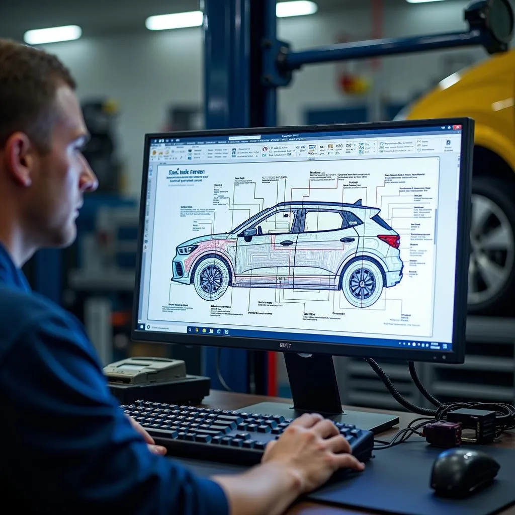 A complex car electrical wiring diagram displayed on a computer screen in an Exeter repair shop.