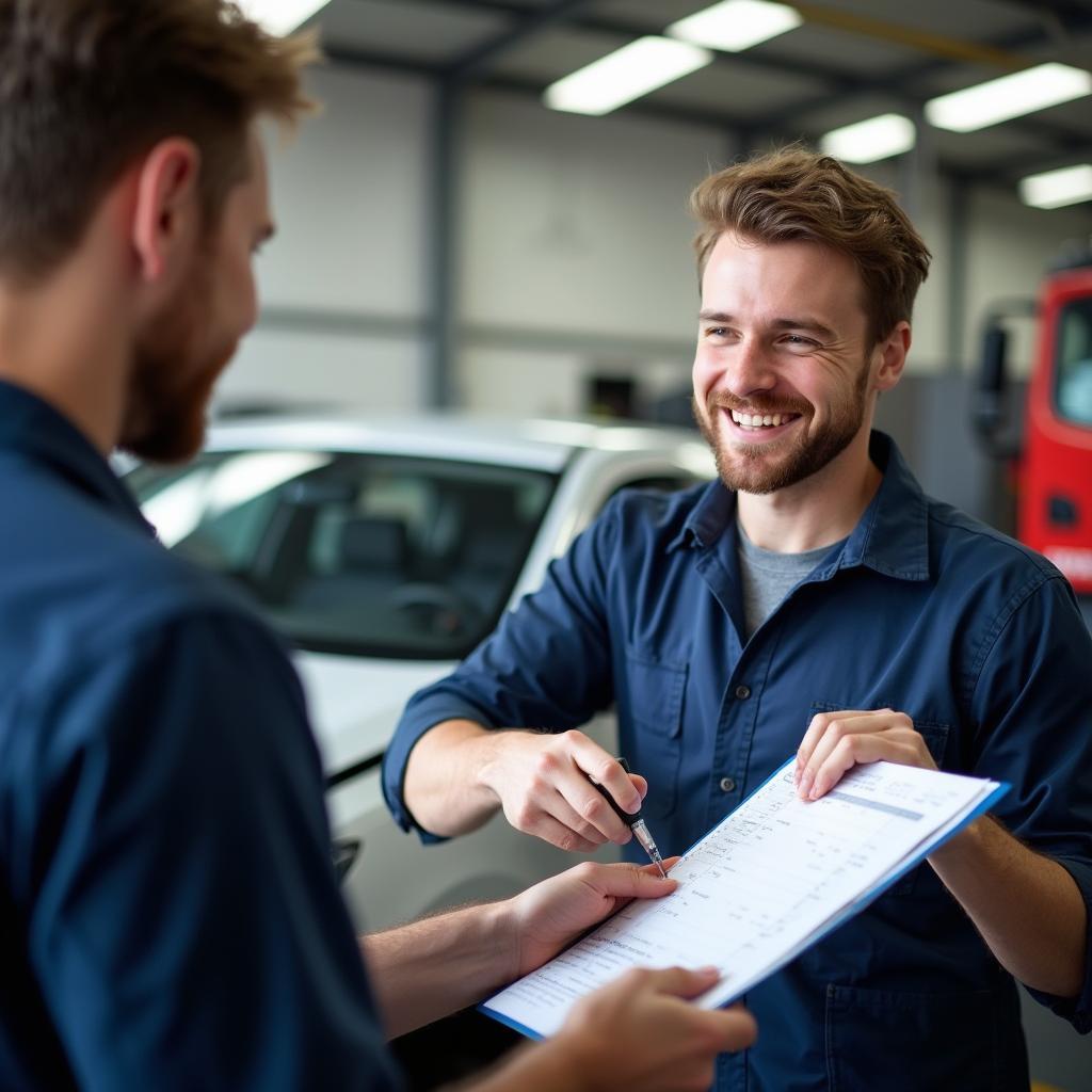 A mechanic discussing car body repair cost estimate with a customer in Exeter