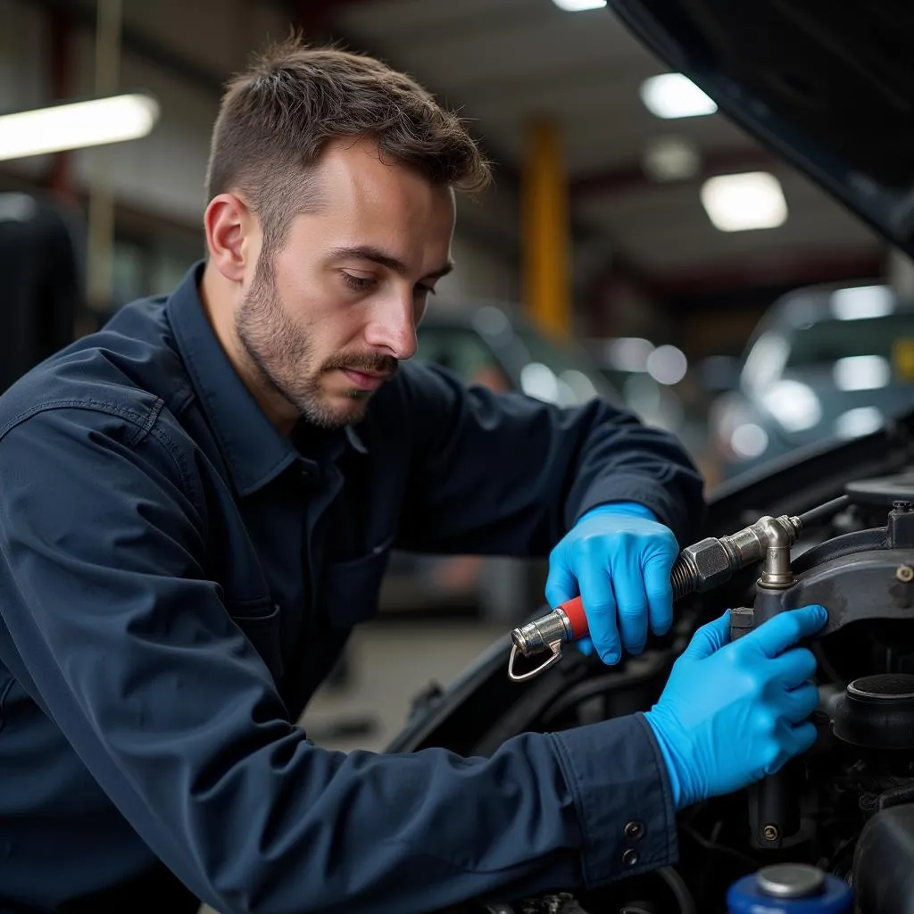 Experienced mechanic inspecting car damage in Denaby