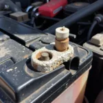 Close-up of corroded car battery terminals in a Las Vegas auto repair shop