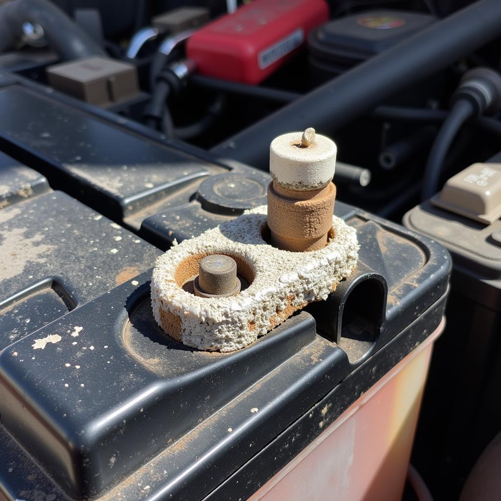 Close-up of corroded car battery terminals in a Las Vegas auto repair shop