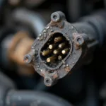 Close-up of a faulty car electrical connector showing corrosion and damage.