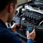 Mechanic using an FC car diagnostic tool to diagnose a car engine issue