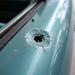 Close-up of a hole in a clear fiberglass convertible car window